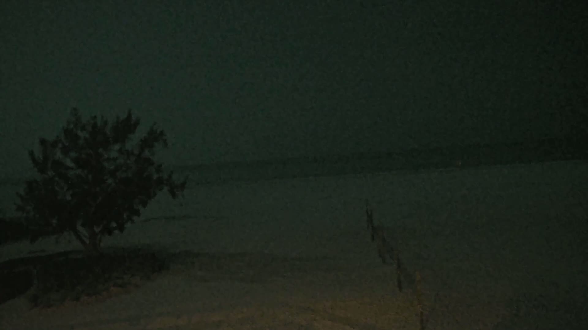 A dark, nighttime scene shows a small tree near a fence bordering a body of water under a mostly overcast sky.