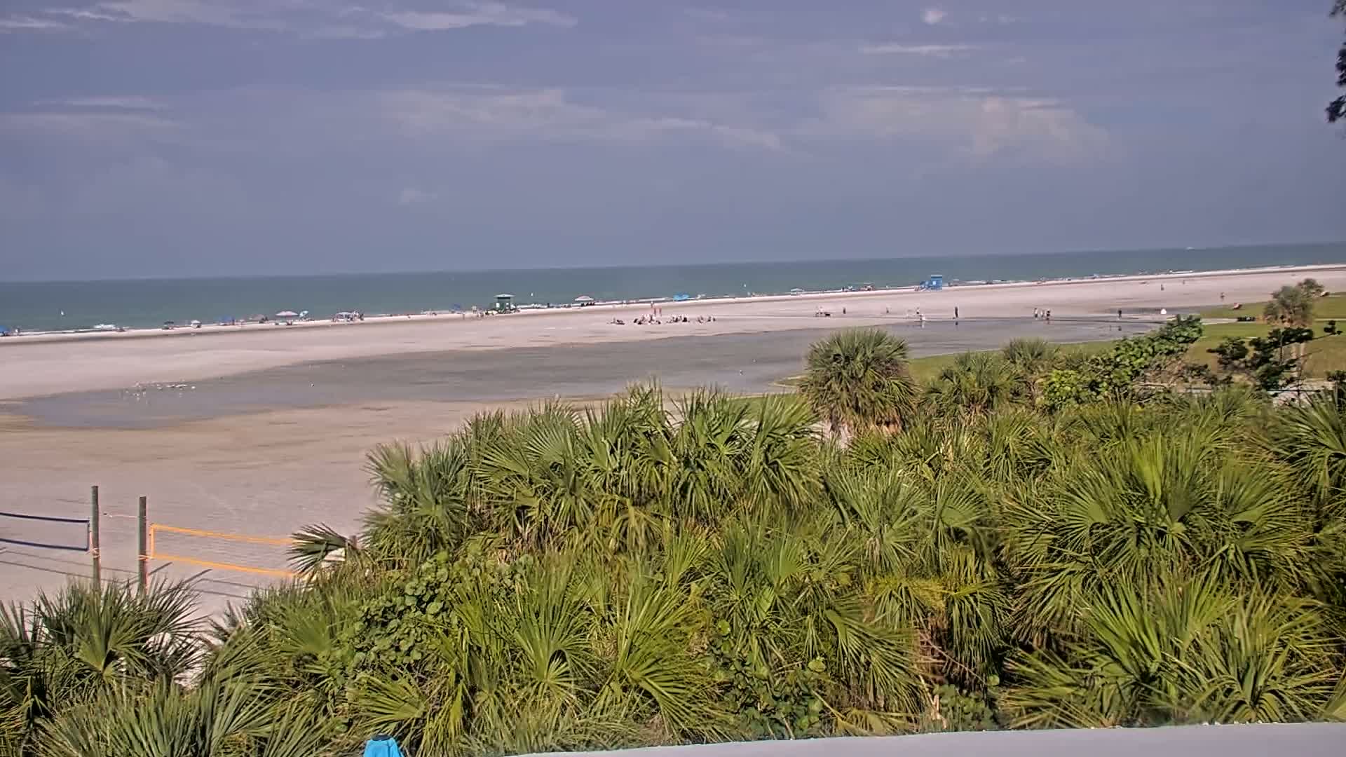 A mostly sunny beach scene is viewed from behind a wall of palm trees and shrubs, showing a wide expanse of sand, a few people, and a volleyball net.