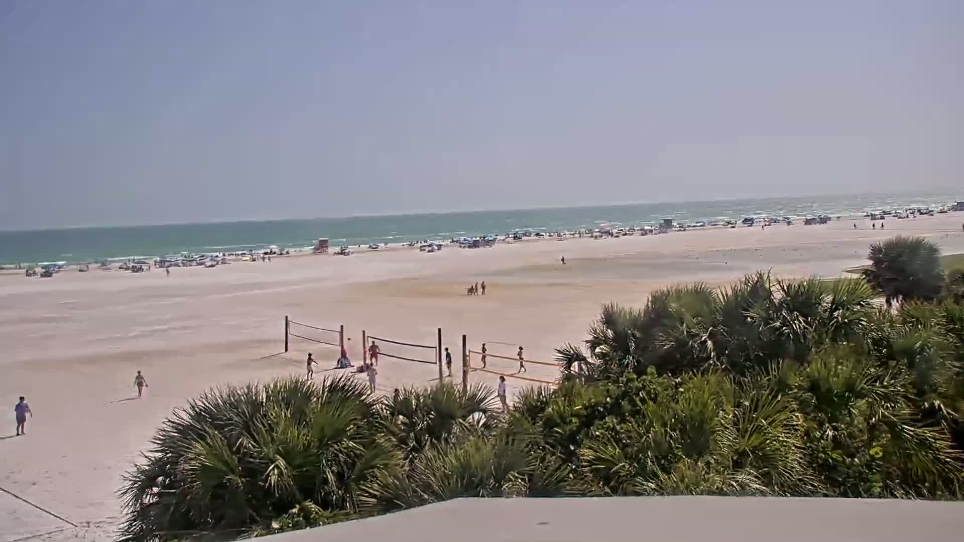 A sandy beach with people playing volleyball, some cars parked nearby, and a calm ocean under a clear sky is visible from behind low-lying vegetation.