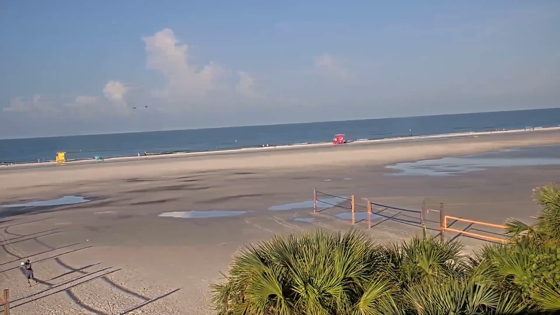 A mostly clear, sunny day at a beach shows a wide expanse of wet sand with a volleyball net, lifeguard stands, and a few people in the distance, partially obscured by palm fronds in the foreground.
