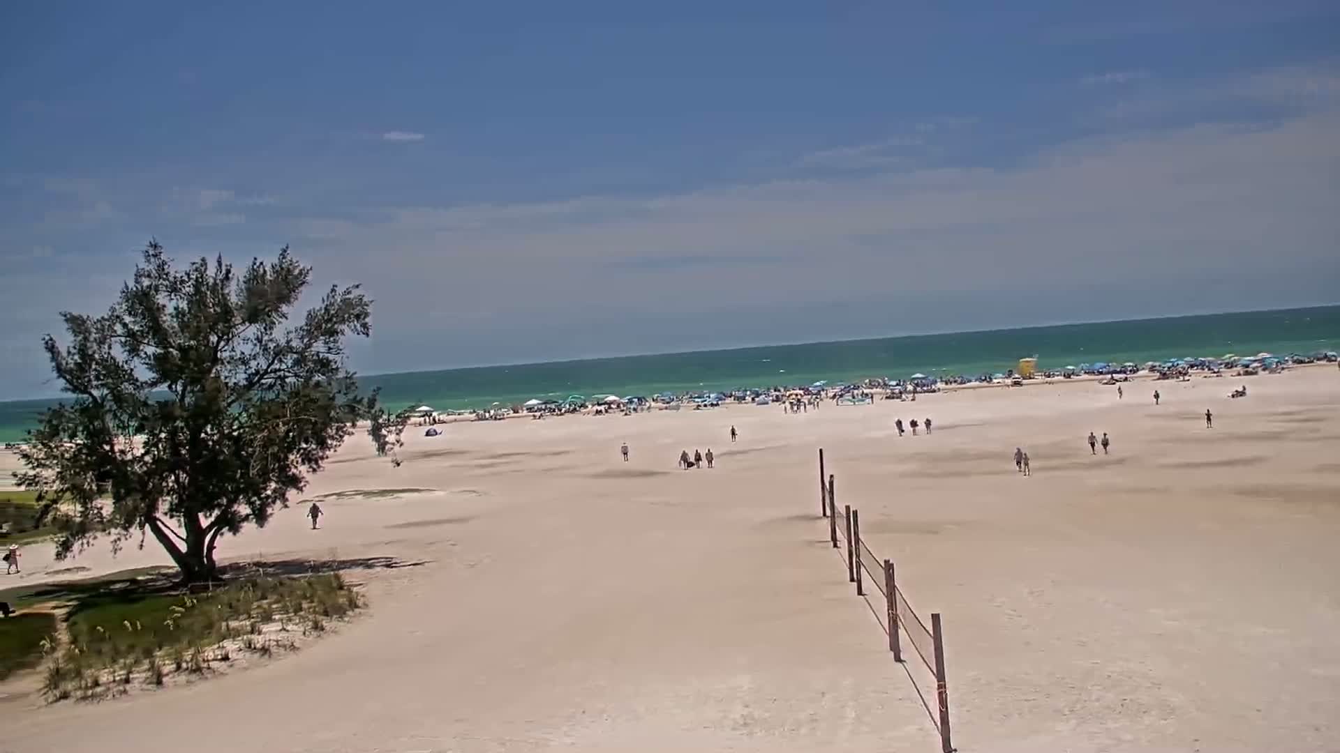 A mostly sunny day at a beach shows a wide expanse of light-colored sand with many people scattered across it, some under umbrellas near a teal-colored ocean.