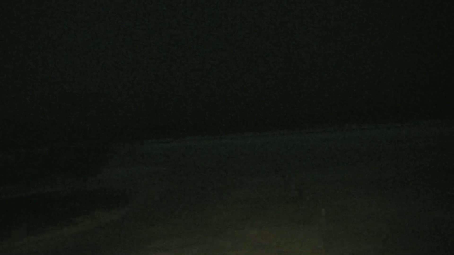 A dark, nighttime scene shows a mostly indistinct ground with a slightly lighter area in the distance.
