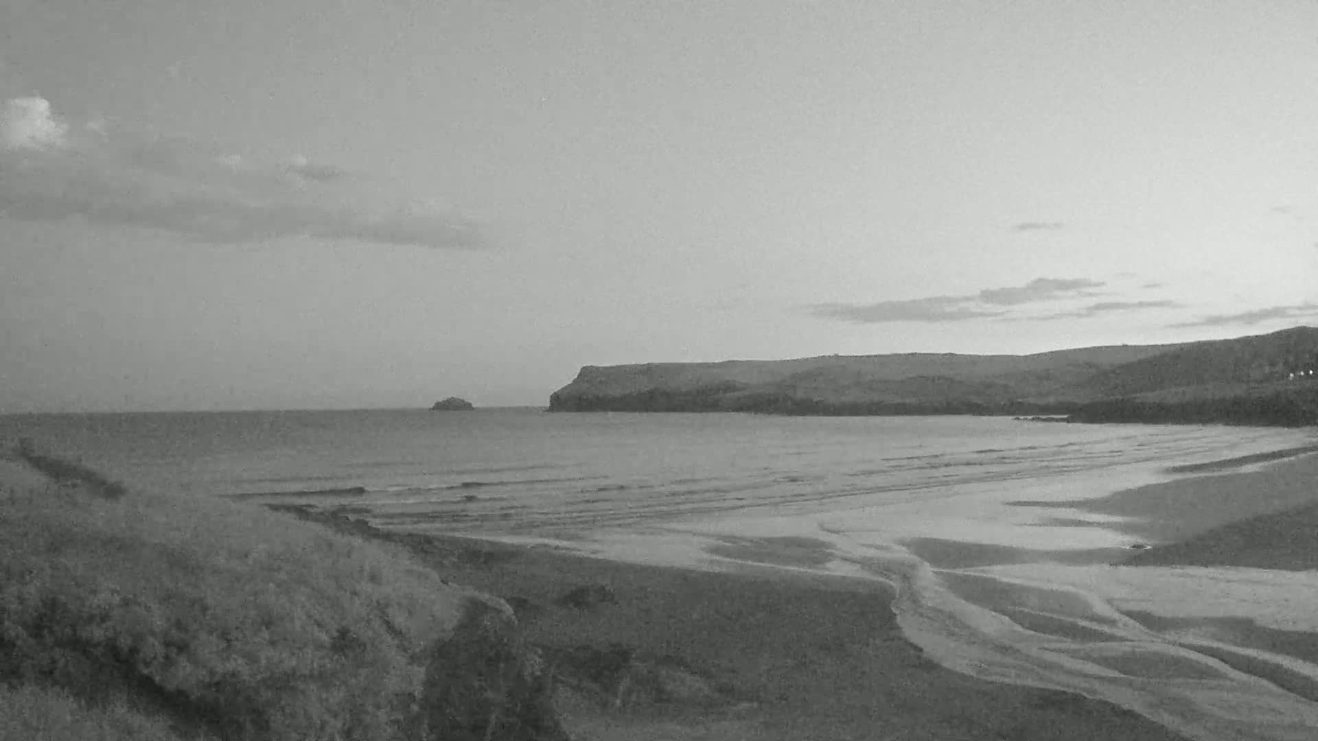 A grayscale image shows a mostly calm beach with gentle waves lapping the shore under a cloudy sky.
