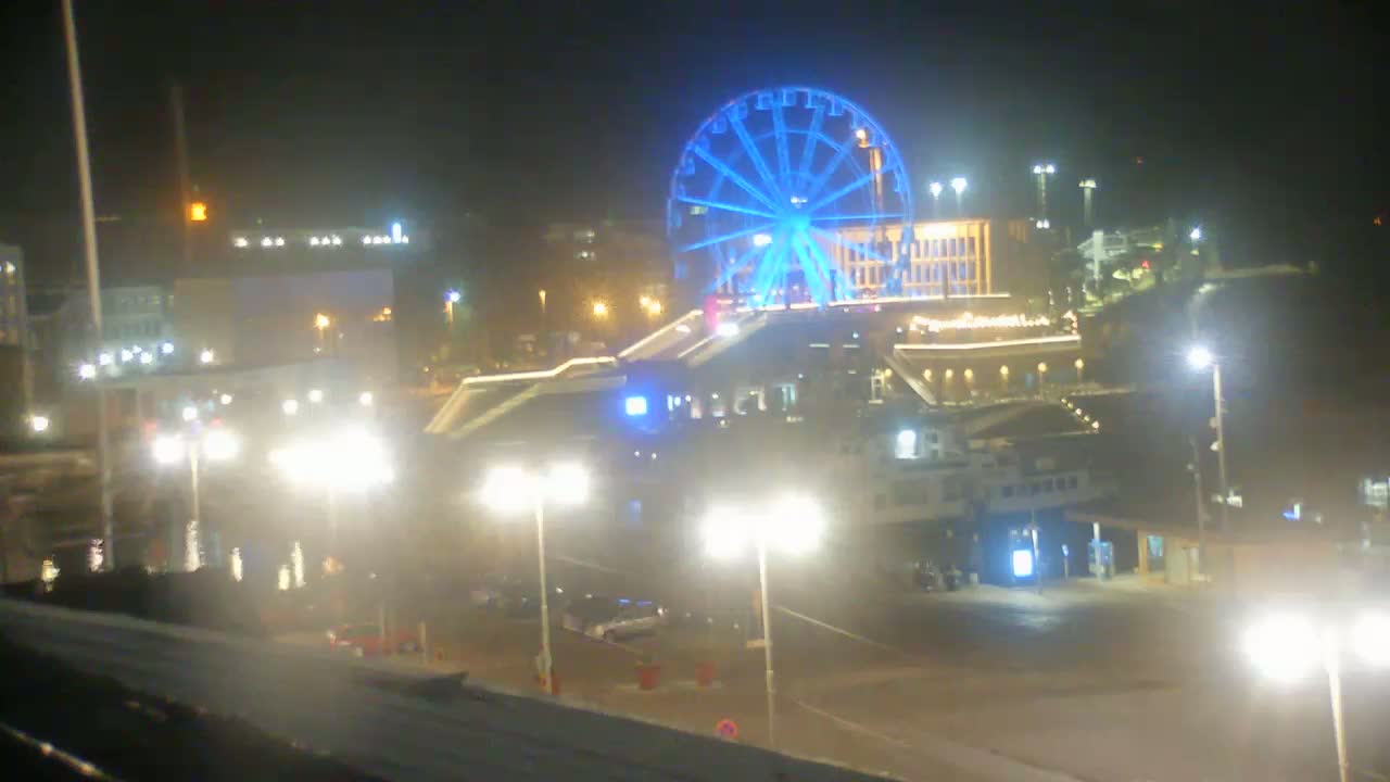 A brightly lit Ferris wheel stands out against a hazy, night sky above a waterfront area with buildings and streetlights.