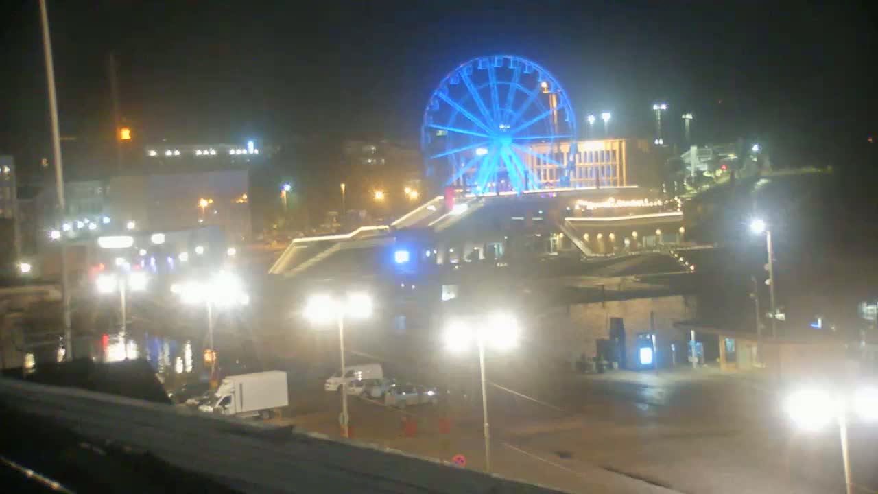 A brightly lit Ferris wheel, illuminated in blue, stands out against a nighttime cityscape, with wet roads and streetlights reflecting in the water.