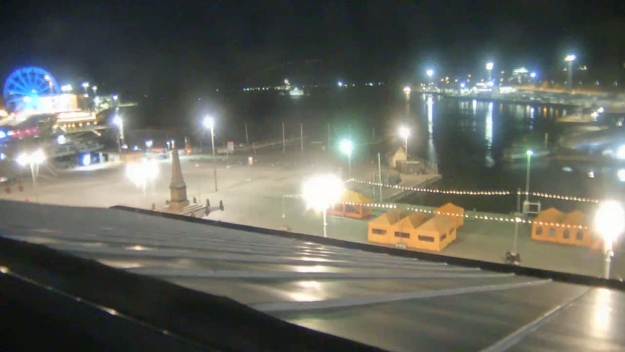 A nighttime view from a sloped rooftop shows a harbor with boats, a Ferris wheel, and a brightly lit plaza with small buildings.