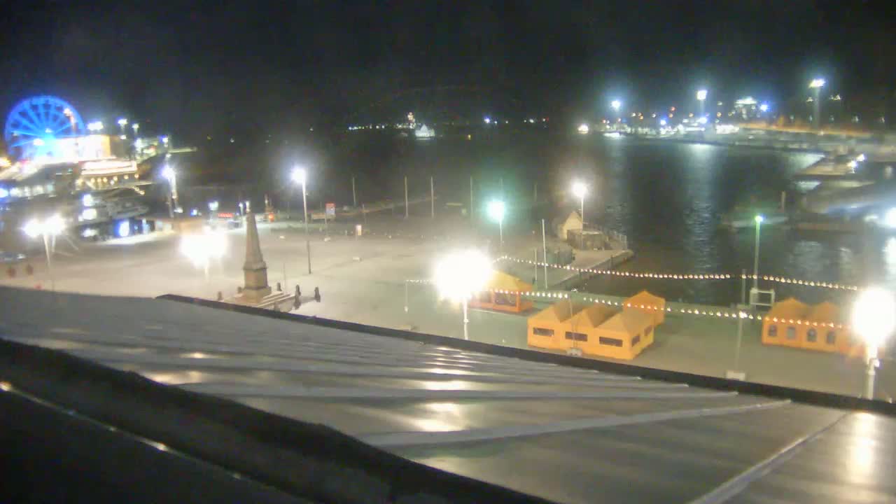 A nighttime view from a rooftop overlooking a waterfront area with a Ferris wheel, illuminated structures, and a body of water.