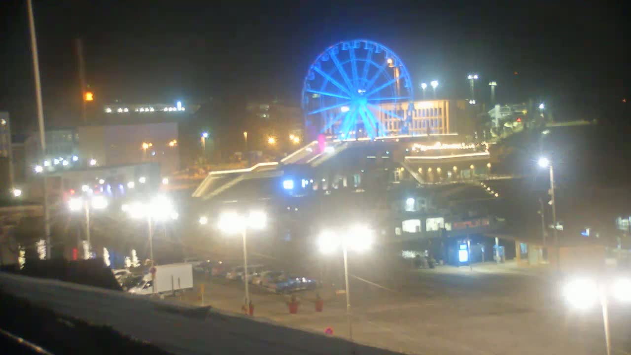 A brightly lit Ferris wheel stands out against the night sky over a city's waterfront area, illuminated with streetlights and building lights.