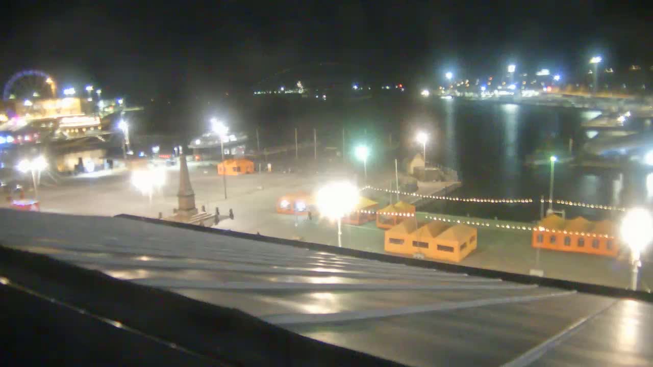 A nighttime view from a rooftop shows a brightly lit waterfront area with a Ferris wheel, small structures, and a body of dark water.