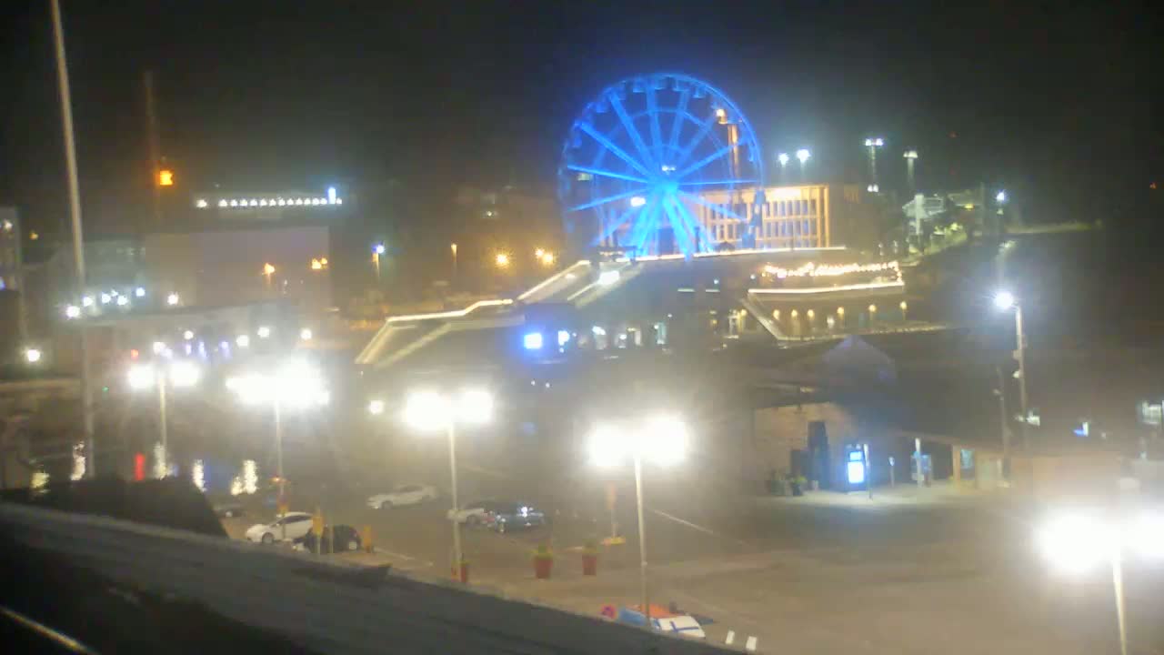 A brightly lit Ferris wheel glows blue against the night sky above a waterfront area with cars and streetlights.
