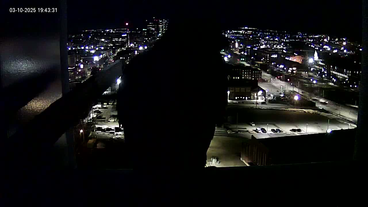 A nighttime, high-angle view shows a city with illuminated streets and buildings, partially obscured by a large dark silhouette in the foreground.