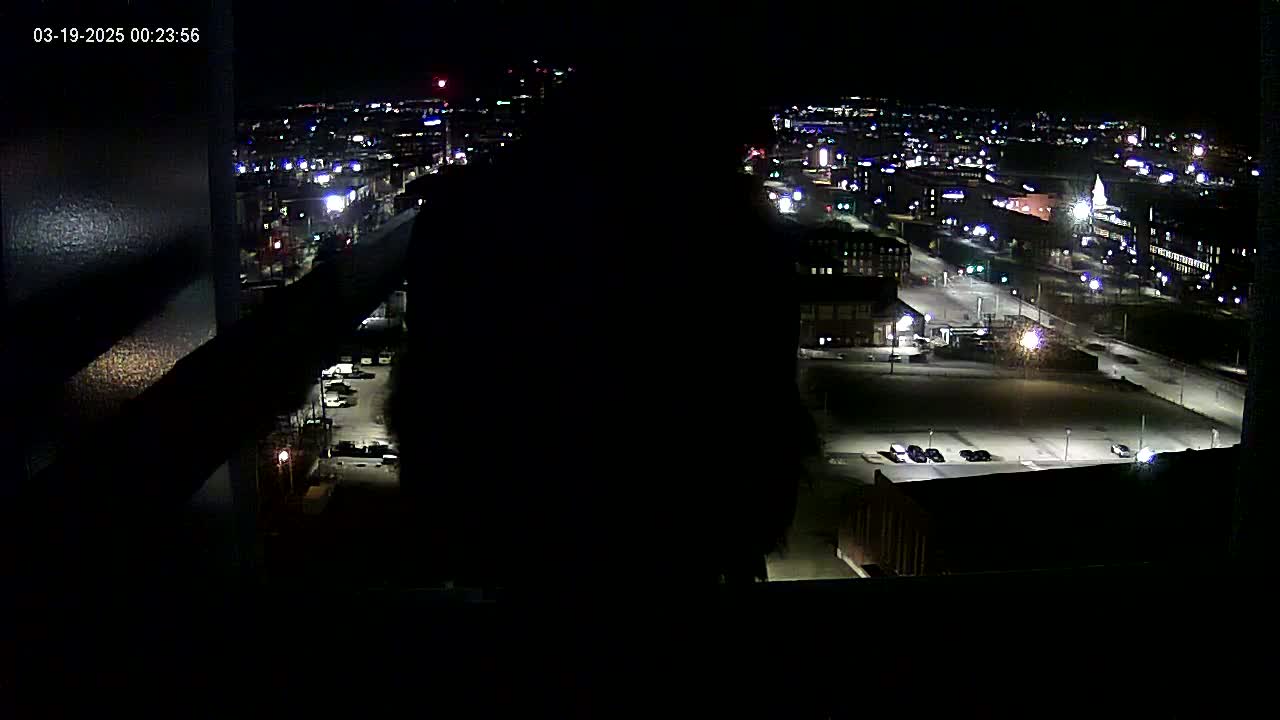 A nighttime, high-angle view of a city with illuminated streets and buildings, partially obscured by a dark, silhouetted object in the foreground.