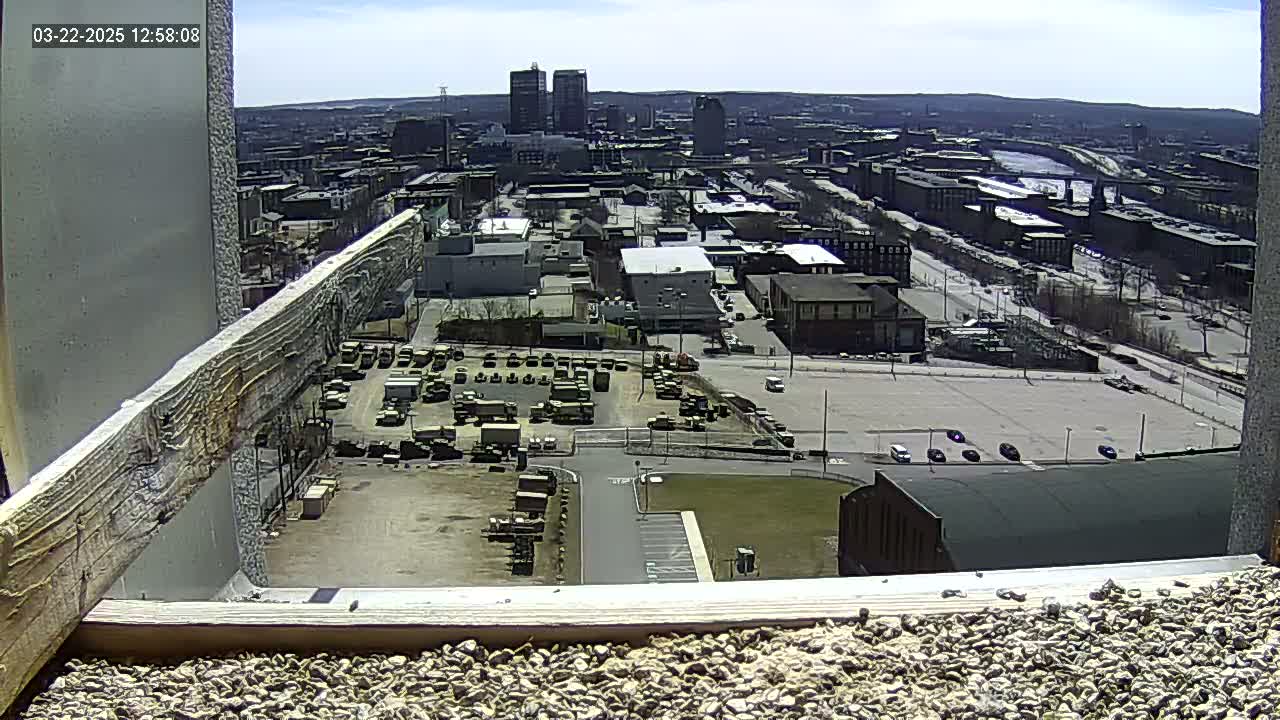 A high-angle, outdoor view on a sunny day shows a city with a large parking lot full of military vehicles, other buildings, and a river in the distance.