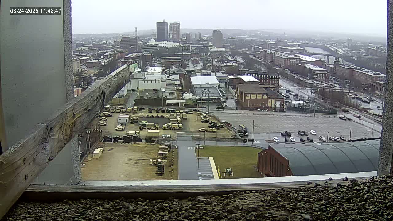 A high-angle, long shot of a city on an overcast day, showing a large parking lot with military vehicles and a city street with parked cars in the background.