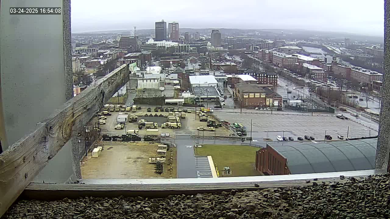 A high-angle, long shot of a city on an overcast day, showing numerous military vehicles parked in a lot, and a large building with a curved roof.