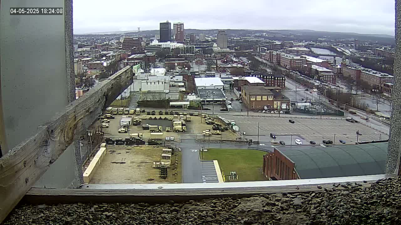 A high-angle, long shot of a city on an overcast day, showing numerous vehicles parked in a lot, along with buildings and roads.