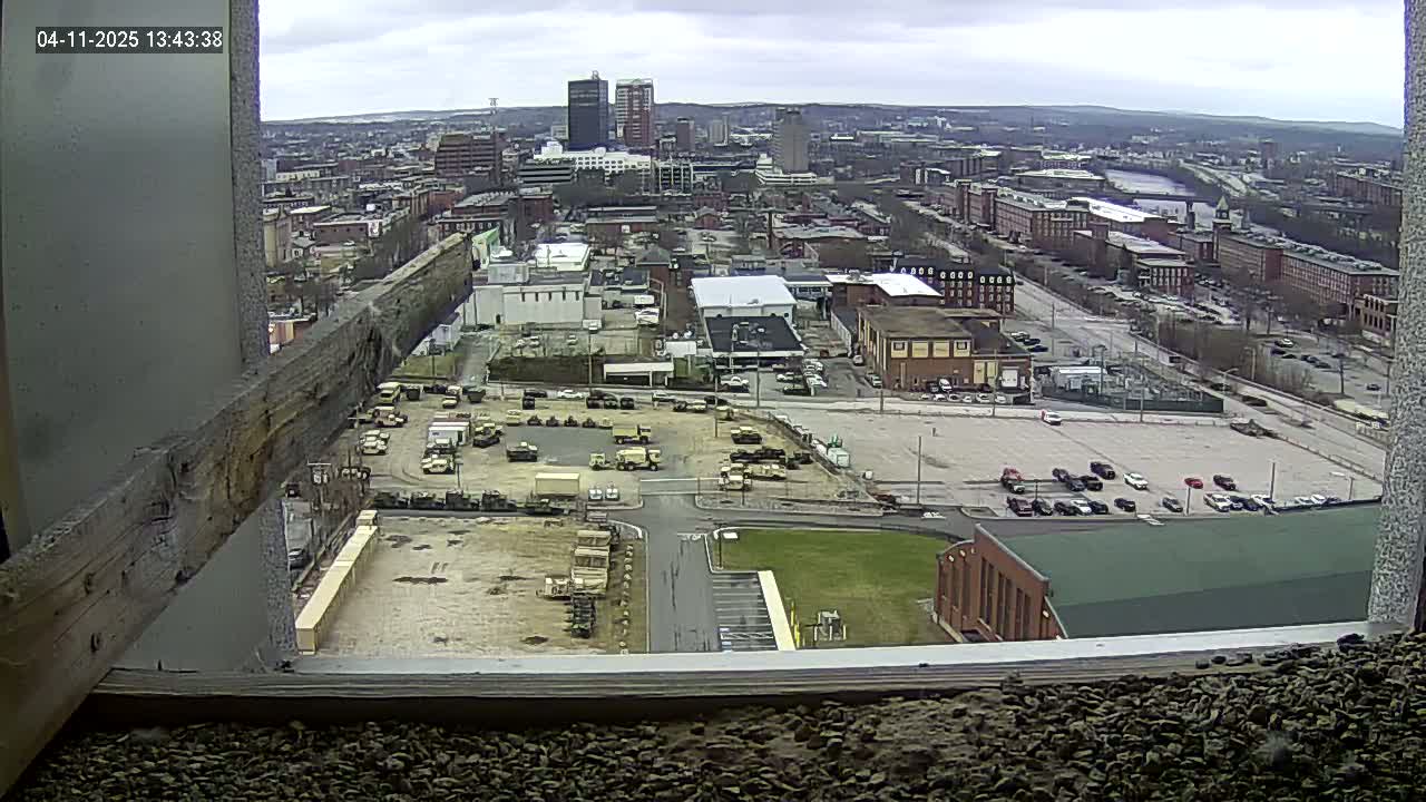 A high-angle, outdoor view on an overcast day shows a city with numerous buildings and a large parking lot containing many military-style vehicles.