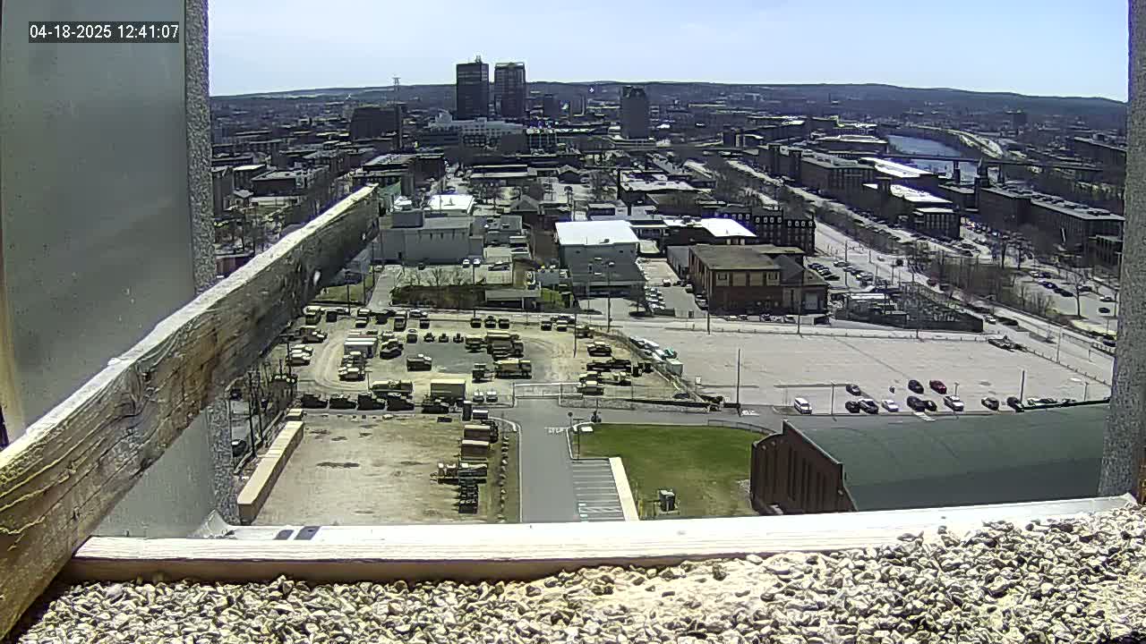 A high-angle, long shot on a sunny day shows a city with numerous buildings, parking lots filled with vehicles, and a large expanse of empty land, viewed from a high vantage point through a window frame.