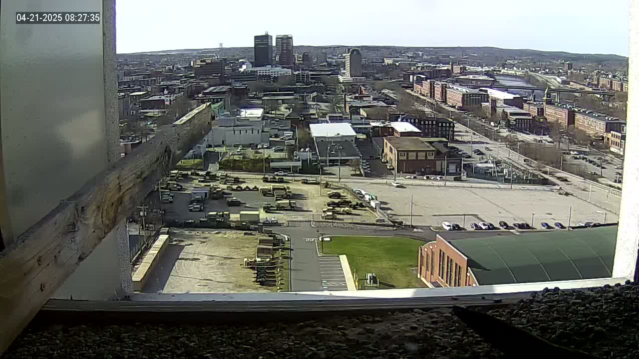 A high-angle, long shot on a sunny day shows a cityscape with numerous buildings, parking lots filled with vehicles, and a large empty lot under a clear sky.