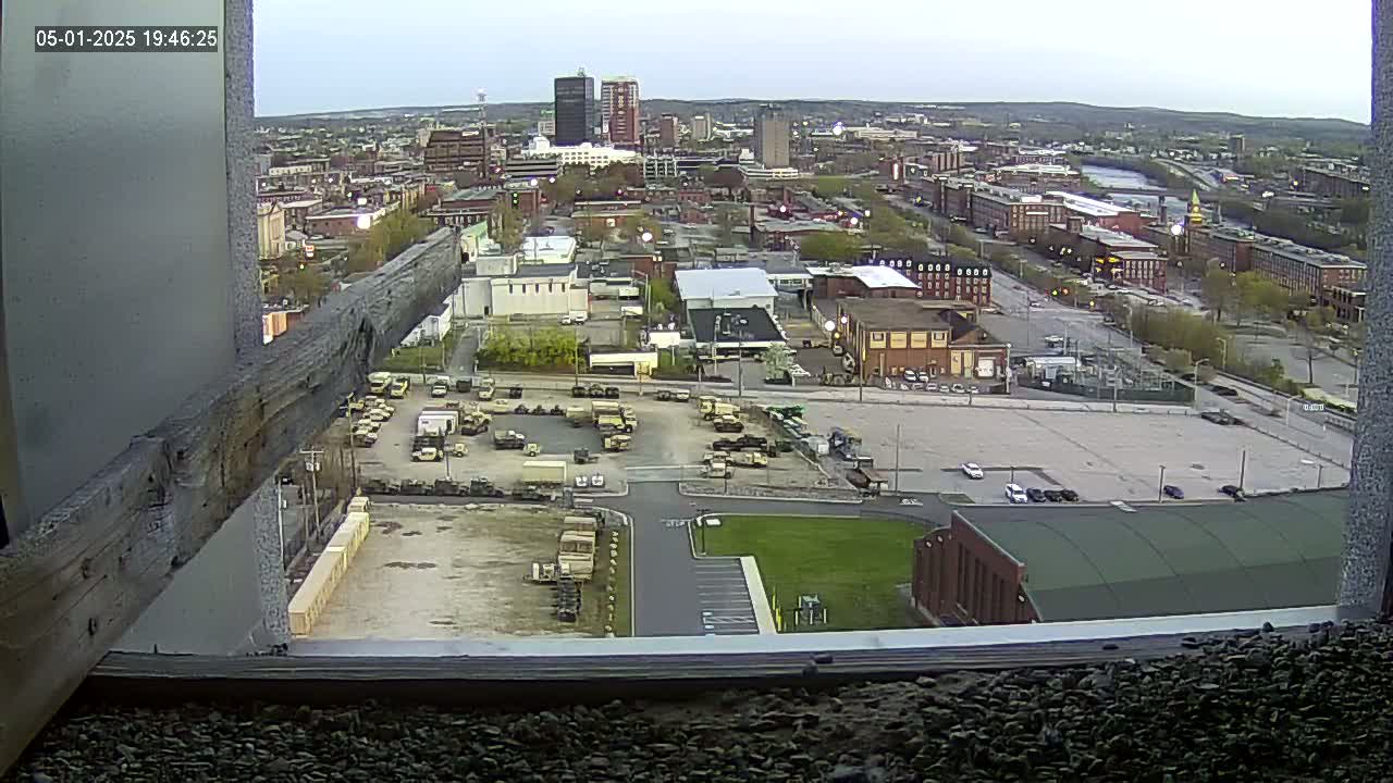 A high-angle, twilight view shows a city landscape with numerous military vehicles parked in a lot, overlooked by a building.