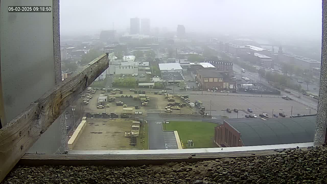 A foggy view from a high vantage point shows a city landscape with numerous buildings, a large parking lot filled with military vehicles, and a grassy area.
