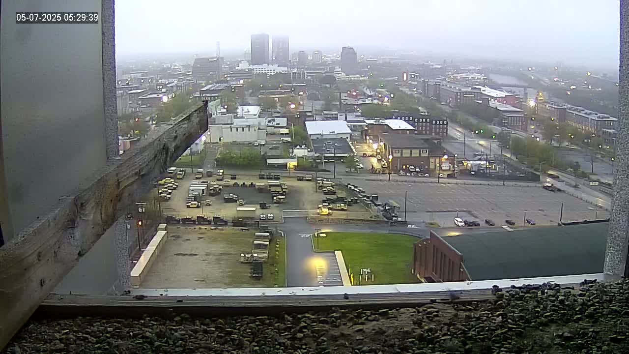 A high-angle, long shot of a city on an overcast day, showing a large parking lot filled with vehicles, several buildings, and a cityscape in the distance.