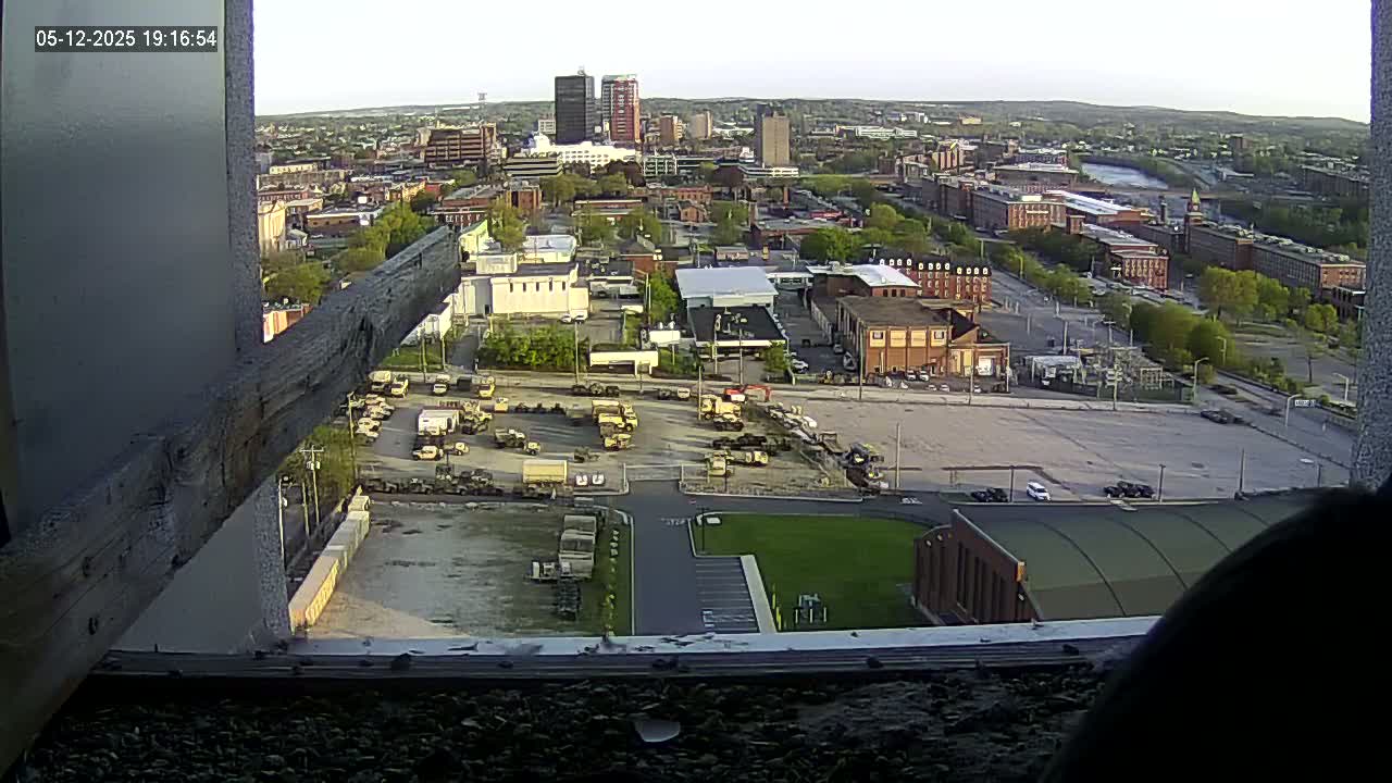 A high-angle, outdoor view at dusk shows a city with a parking lot full of military vehicles and several buildings.