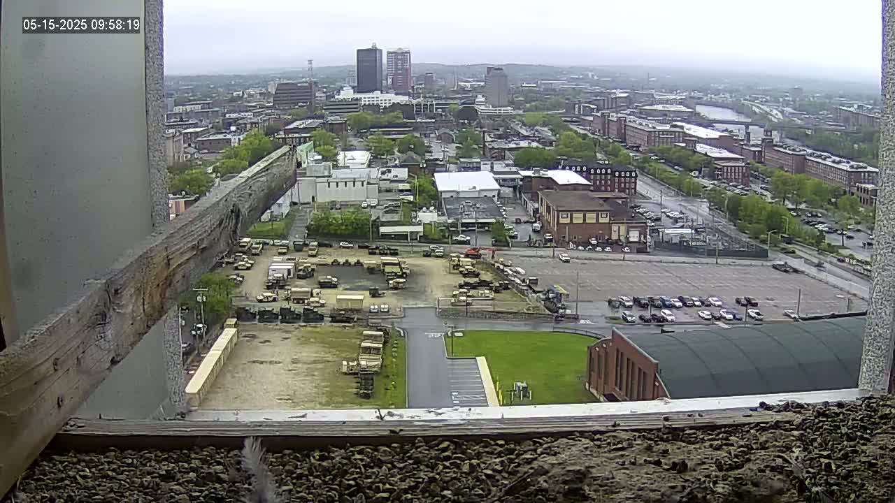A high-angle, outdoor view on an overcast day shows a city with a large parking lot containing numerous military vehicles, and several buildings.