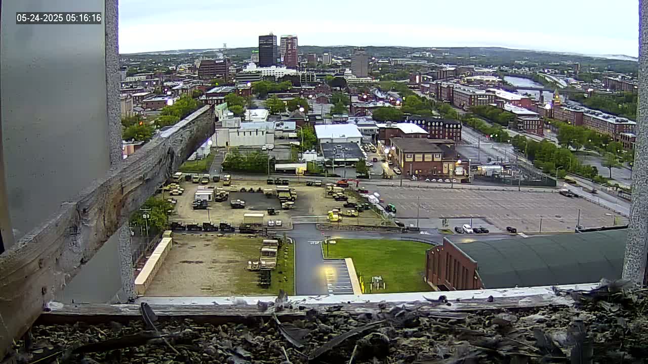 A high-angle, long shot of a city under an overcast sky shows military vehicles parked in a lot, surrounded by buildings and roads.