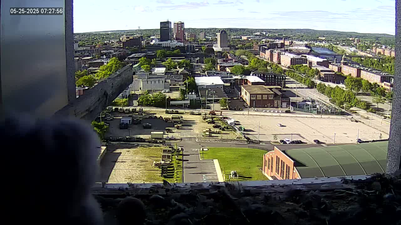 A high-angle, outdoor view on a partly sunny day shows a city landscape with numerous buildings and a large parking lot, partially obscured by a window ledge and some dark, indistinct objects in the foreground.