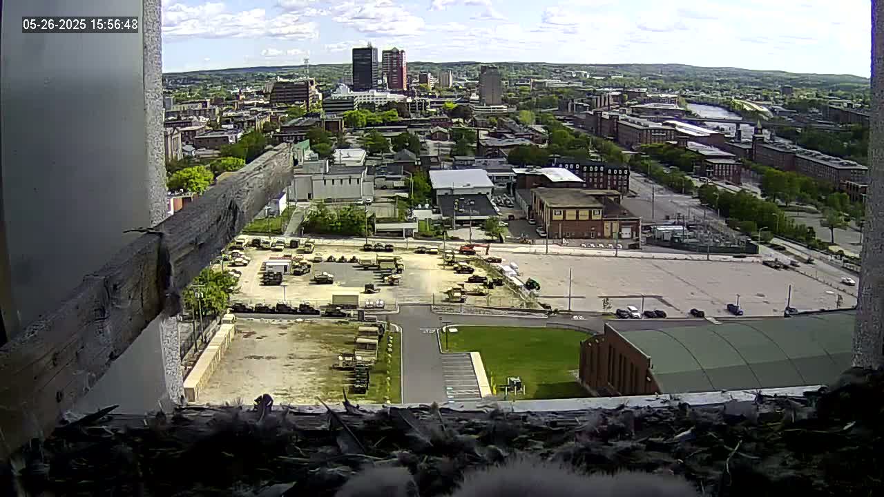 A high-angle view from a window shows a city under a partly sunny sky, with a large parking lot containing numerous military vehicles in the foreground.