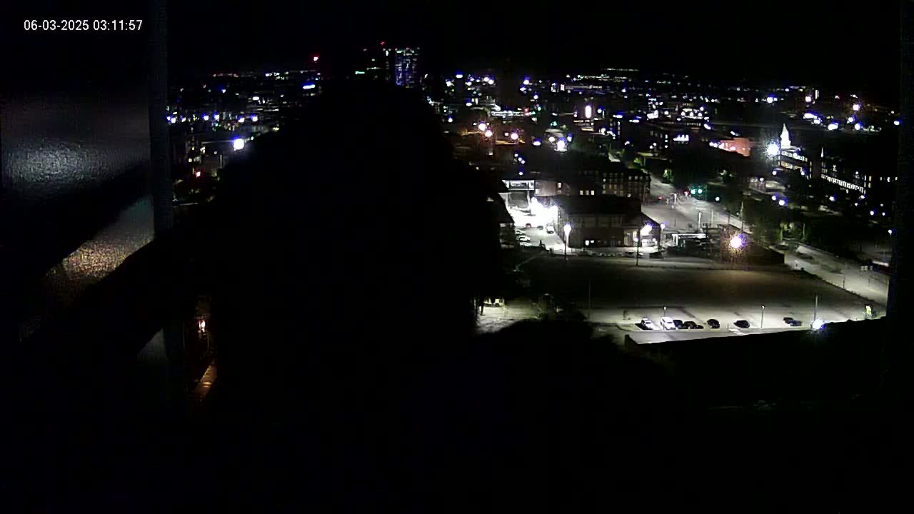 A nighttime, high-angle view of a city illuminated by streetlights and building lights.