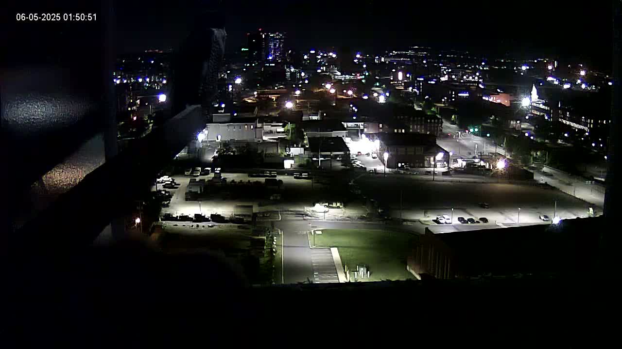 A nighttime, high-angle view of a city illuminated by streetlights and building lights, with a few vehicles visible in parking lots.