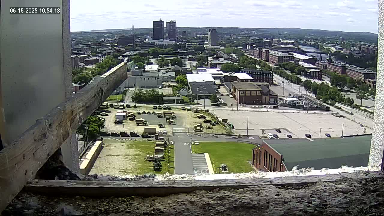 A high-angle view from a damaged window shows a city on a partly cloudy day with military vehicles parked in a lot below.