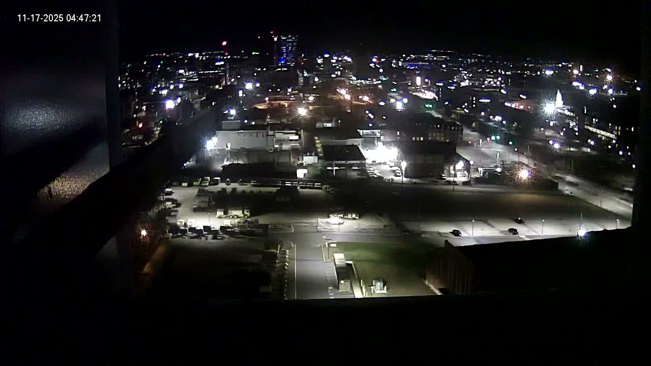 An elevated nighttime view reveals a city illuminated by countless streetlights and building lights, with several parked cars and distant traffic, all under clear skies.