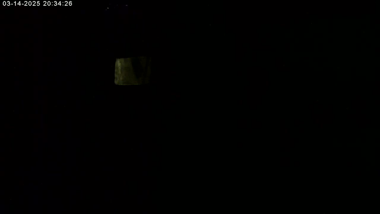 A dimly lit, dark scene shows a small, blurry, light-colored object in the upper left corner.