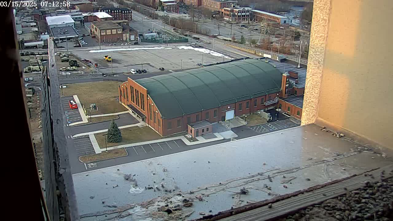 A large, arched-roof building with a green roof sits in a parking lot, viewed from a high vantage point on a sunny day with patchy snow on the ground.