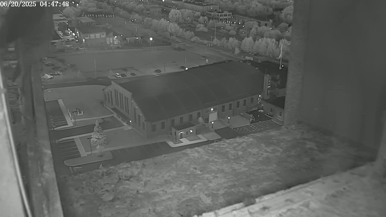 A nighttime infrared view from a high vantage point shows a large, long rectangular building with a flat roof and a parking lot, surrounded by trees and other buildings under dark skies.