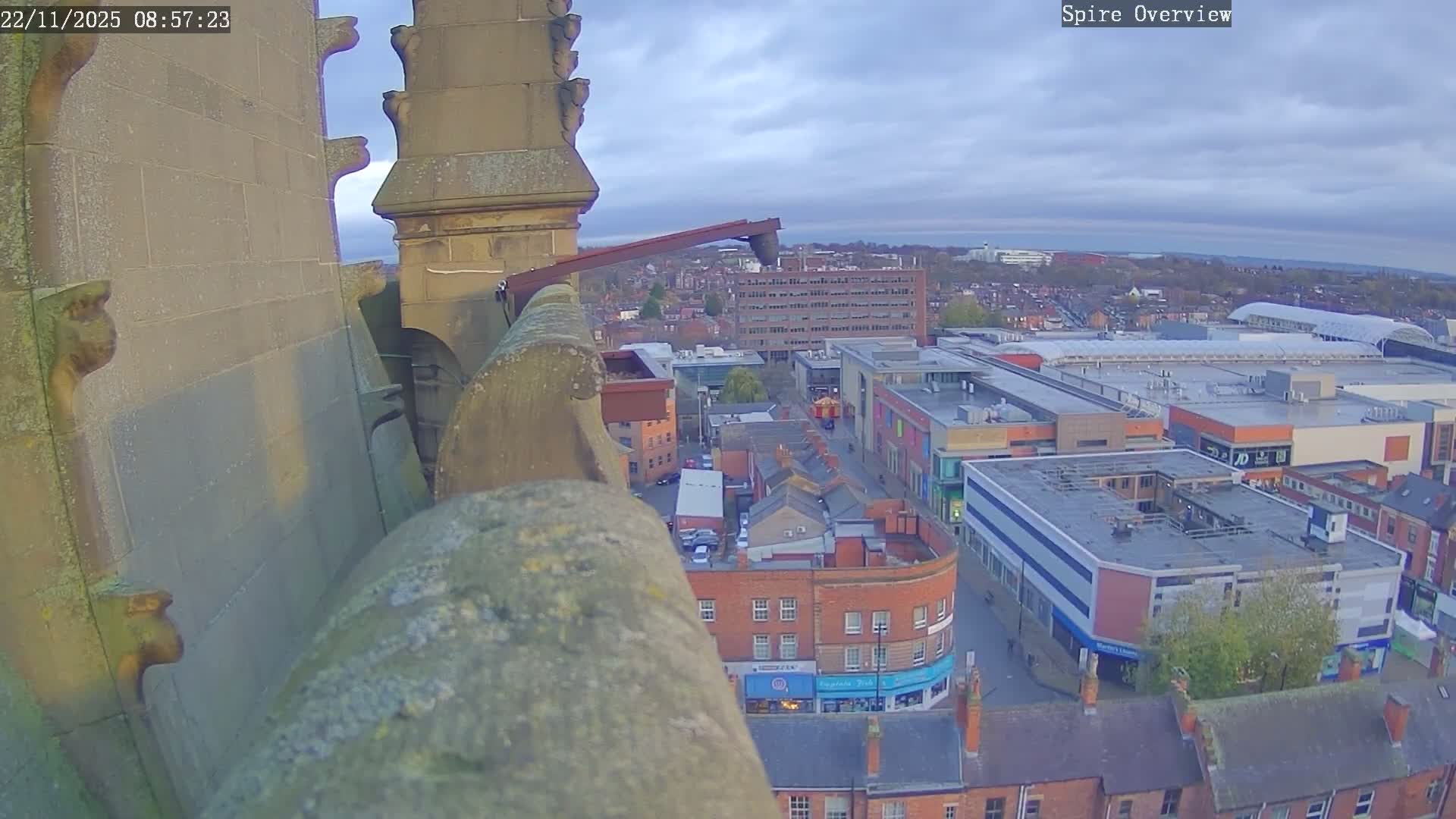From an elevated perspective atop an old stone structure featuring decorative elements, a sprawling urban landscape of various buildings, streets, and some trees unfolds under an overcast sky.