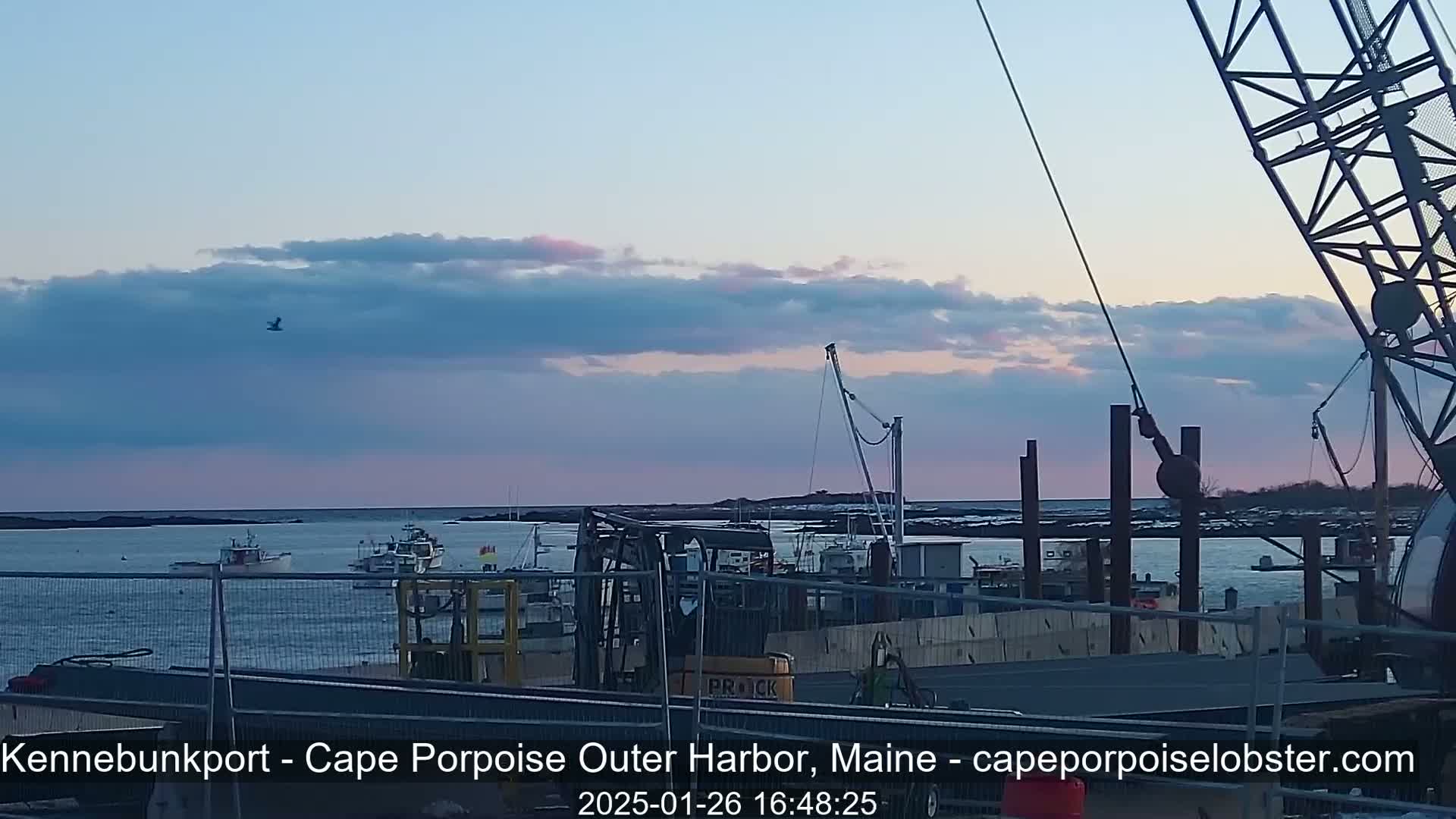 Here's a description of the image:  Several fishing boats are moored in a harbor at dusk under a partly cloudy sky.
