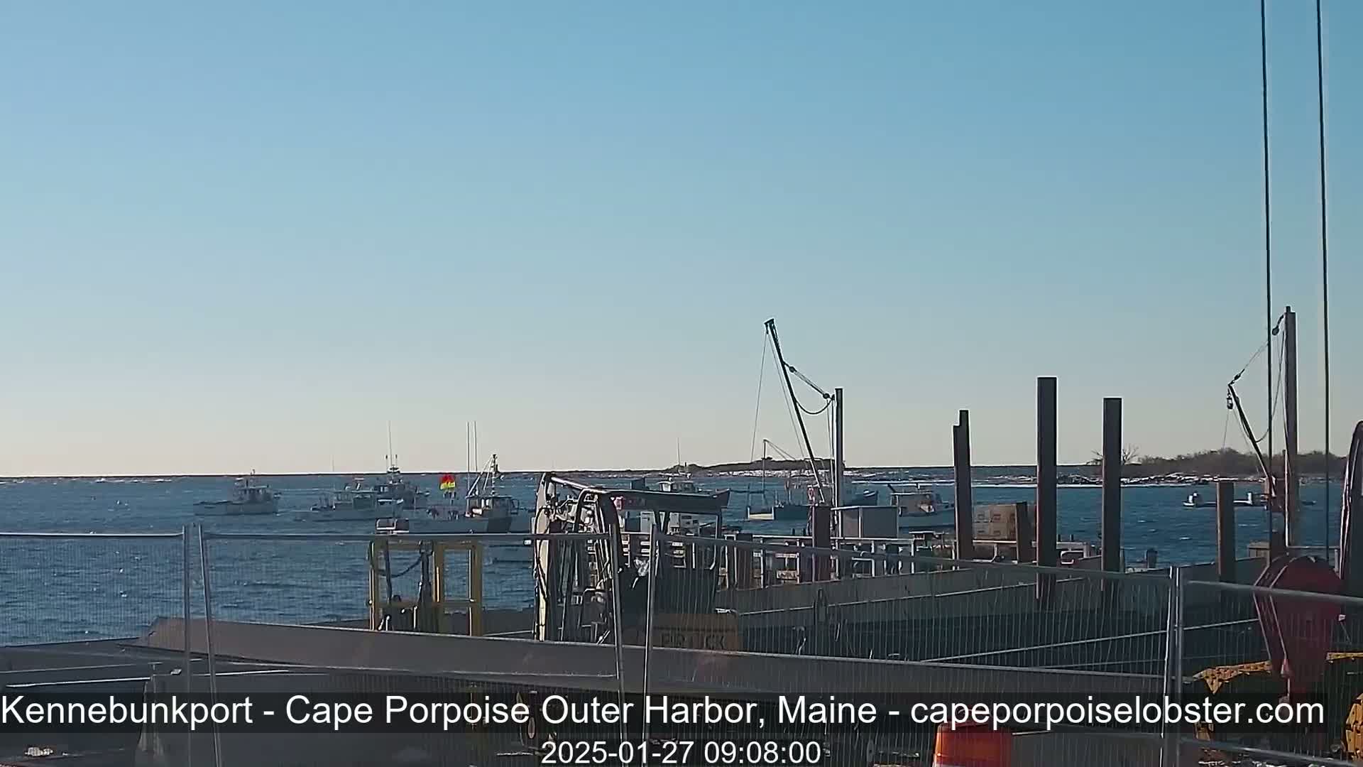Several fishing boats are in a harbor on a clear, sunny day.