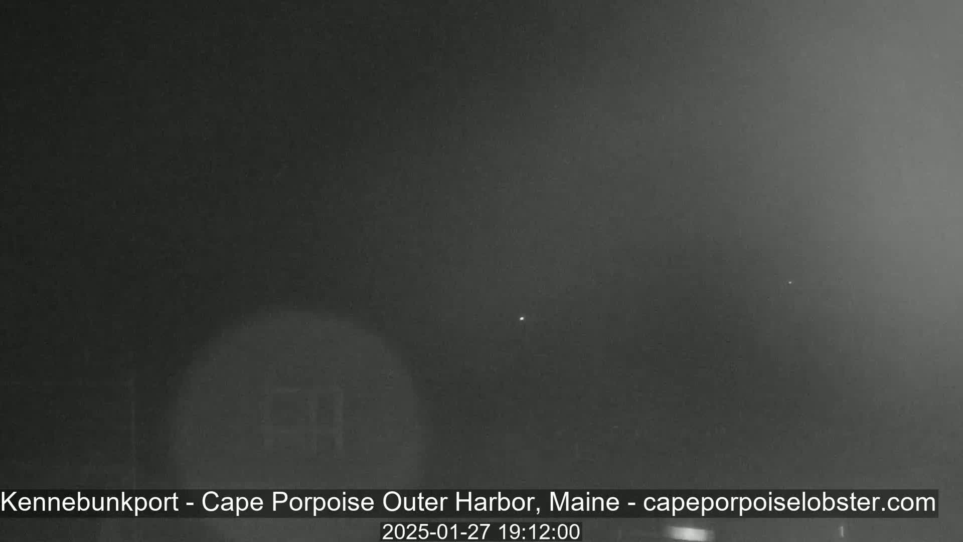 A dark, nighttime scene shows a blurry, indistinct view of an outdoor area under a hazy or foggy sky.