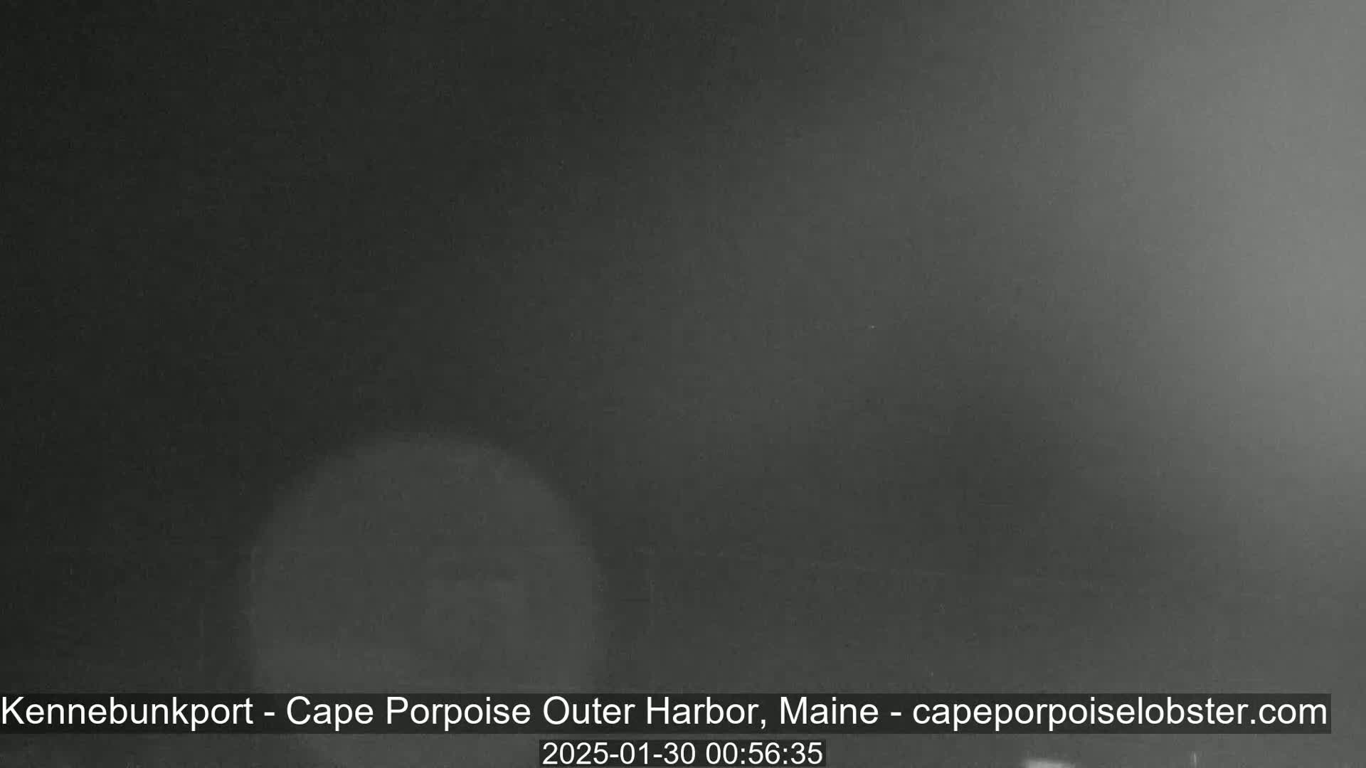 A dark, blurry nighttime scene is visible, possibly showing a body of water under foggy or overcast conditions.