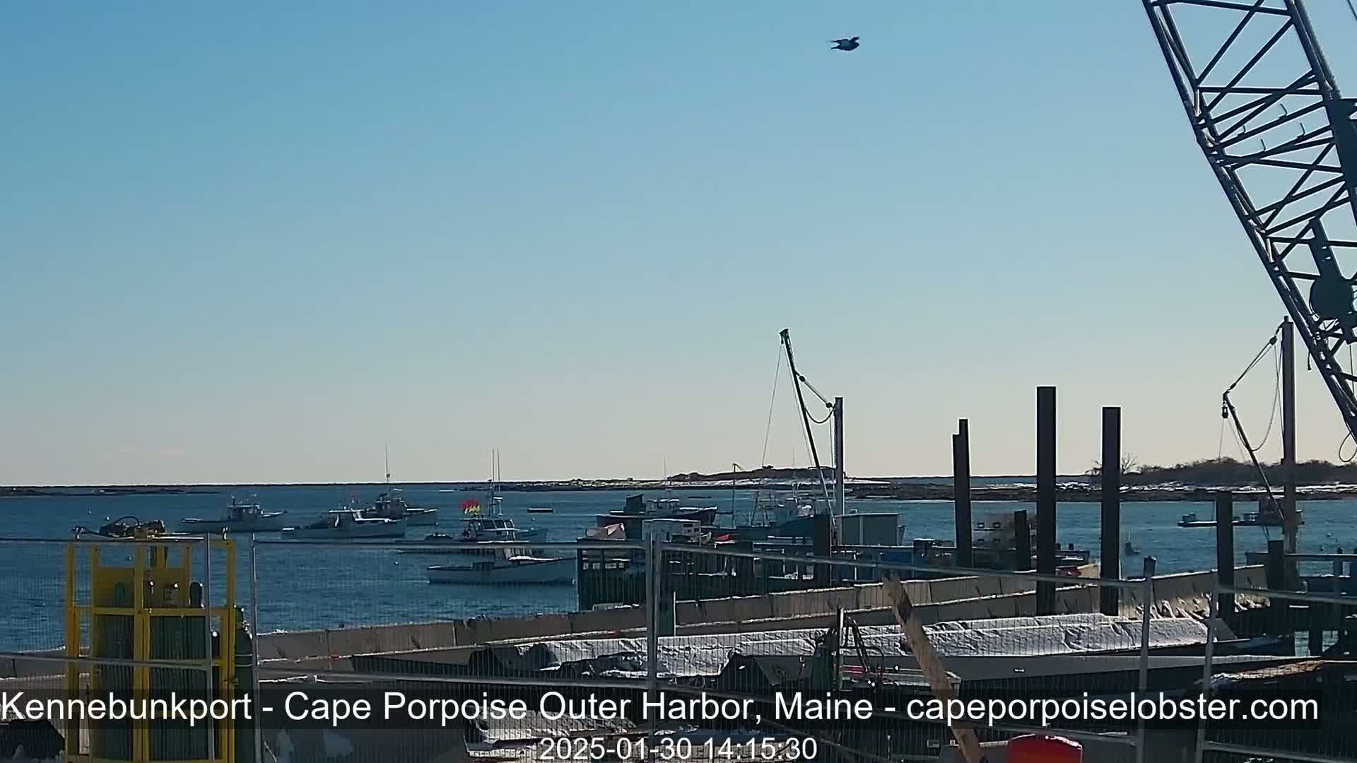 Several boats are moored in a harbor under a clear blue sky, with a crane visible in the foreground and a partially snow-covered shoreline in the distance.