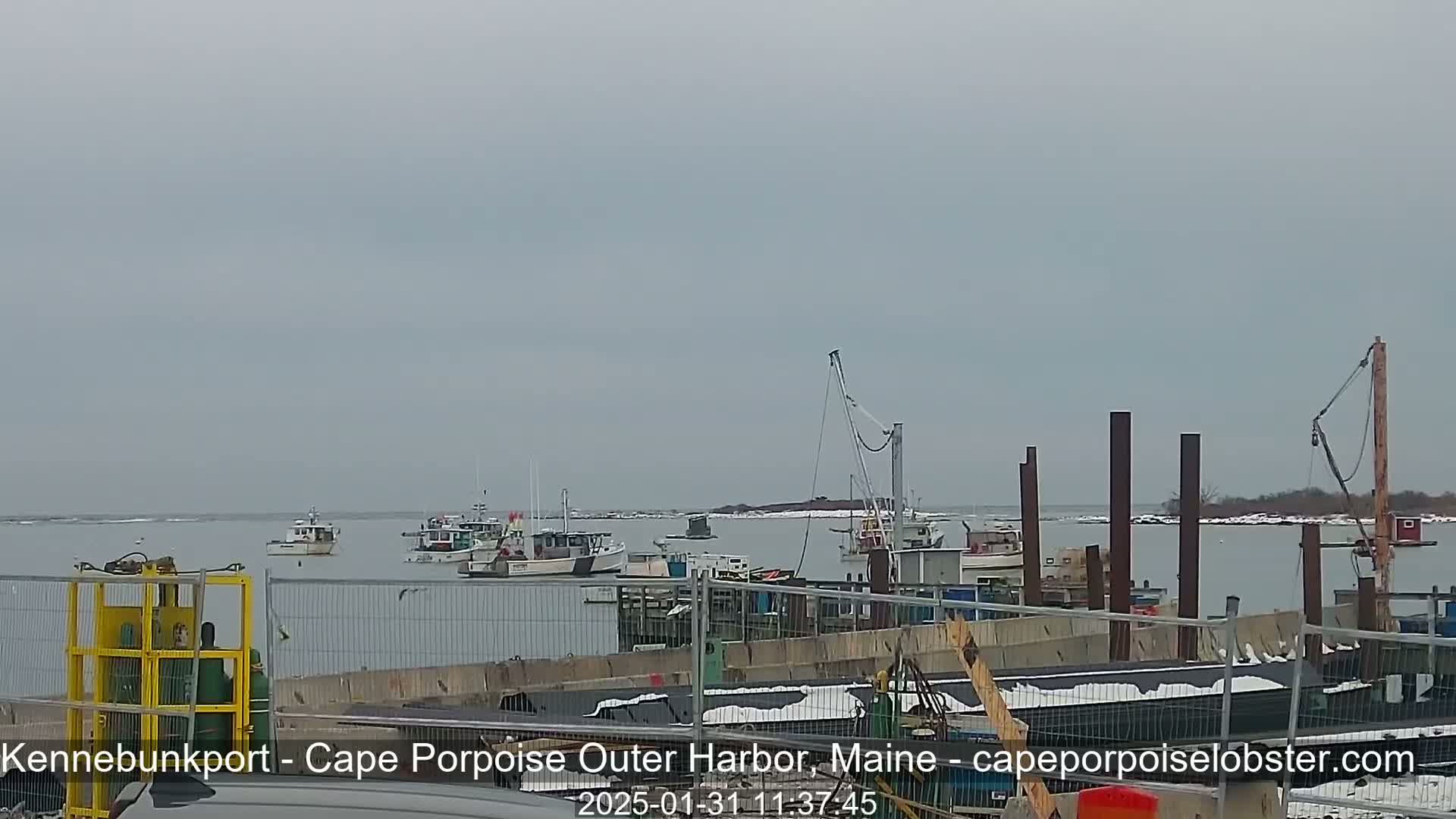 Several boats are moored in a harbor on an overcast day with snow visible on the ground and in the water.