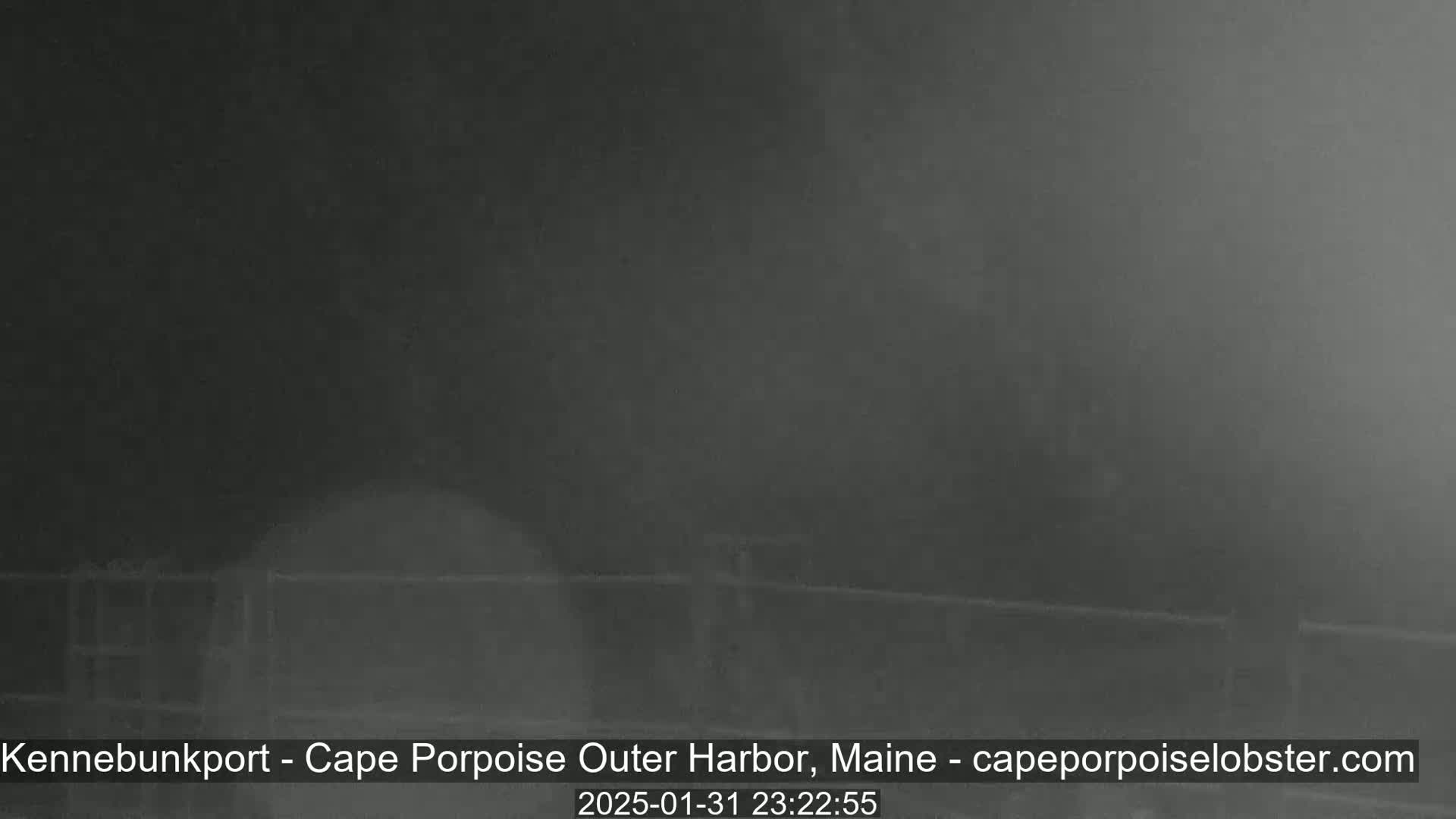 A dark, foggy scene shows a low fence or railing in the bottom of the frame.