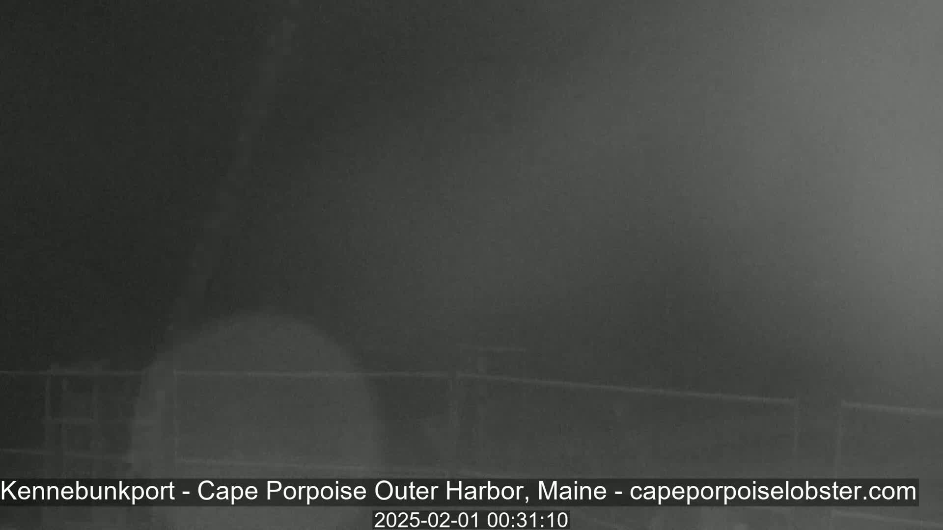 A nighttime, low-visibility image shows a dark, indistinct scene possibly near a body of water, with a low fence or railing visible in the bottom portion.