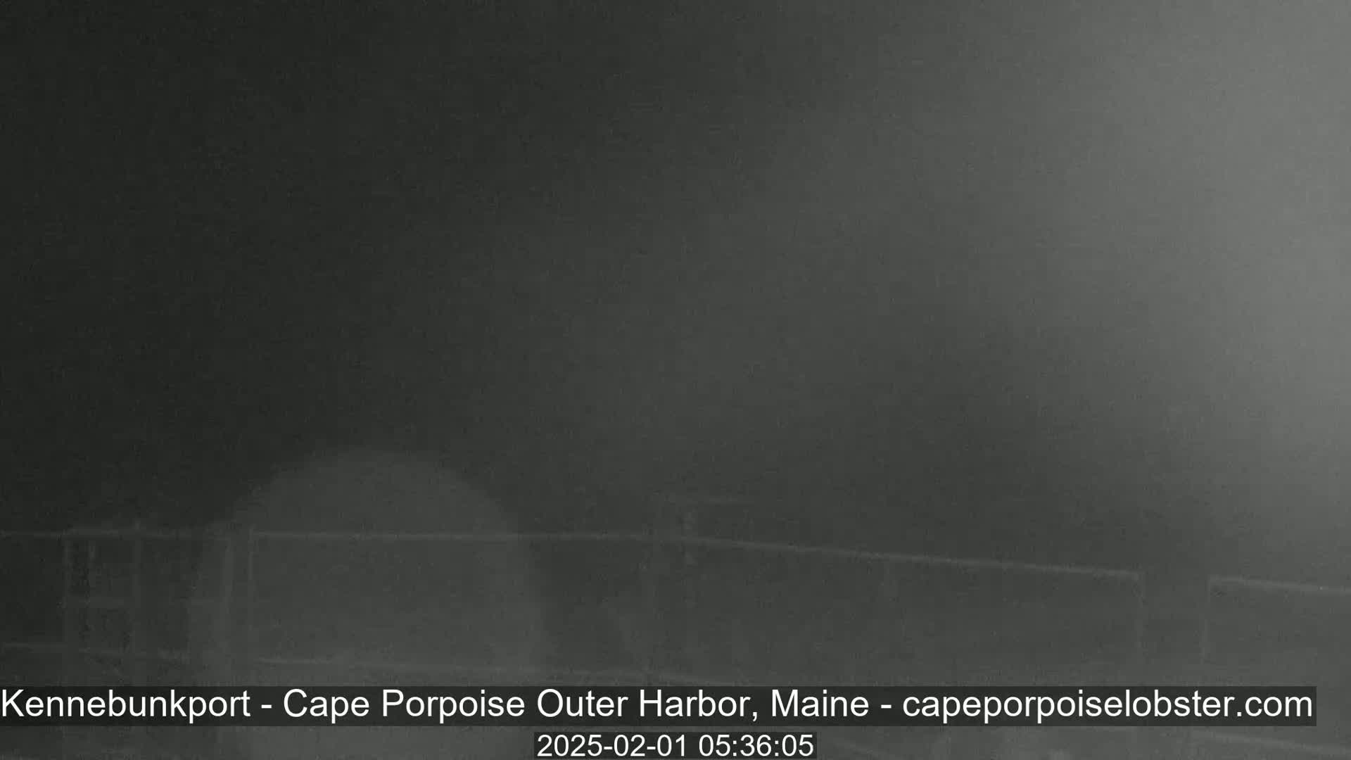 A dark, blurry image shows a nighttime outdoor scene with heavy fog or mist obscuring visibility.