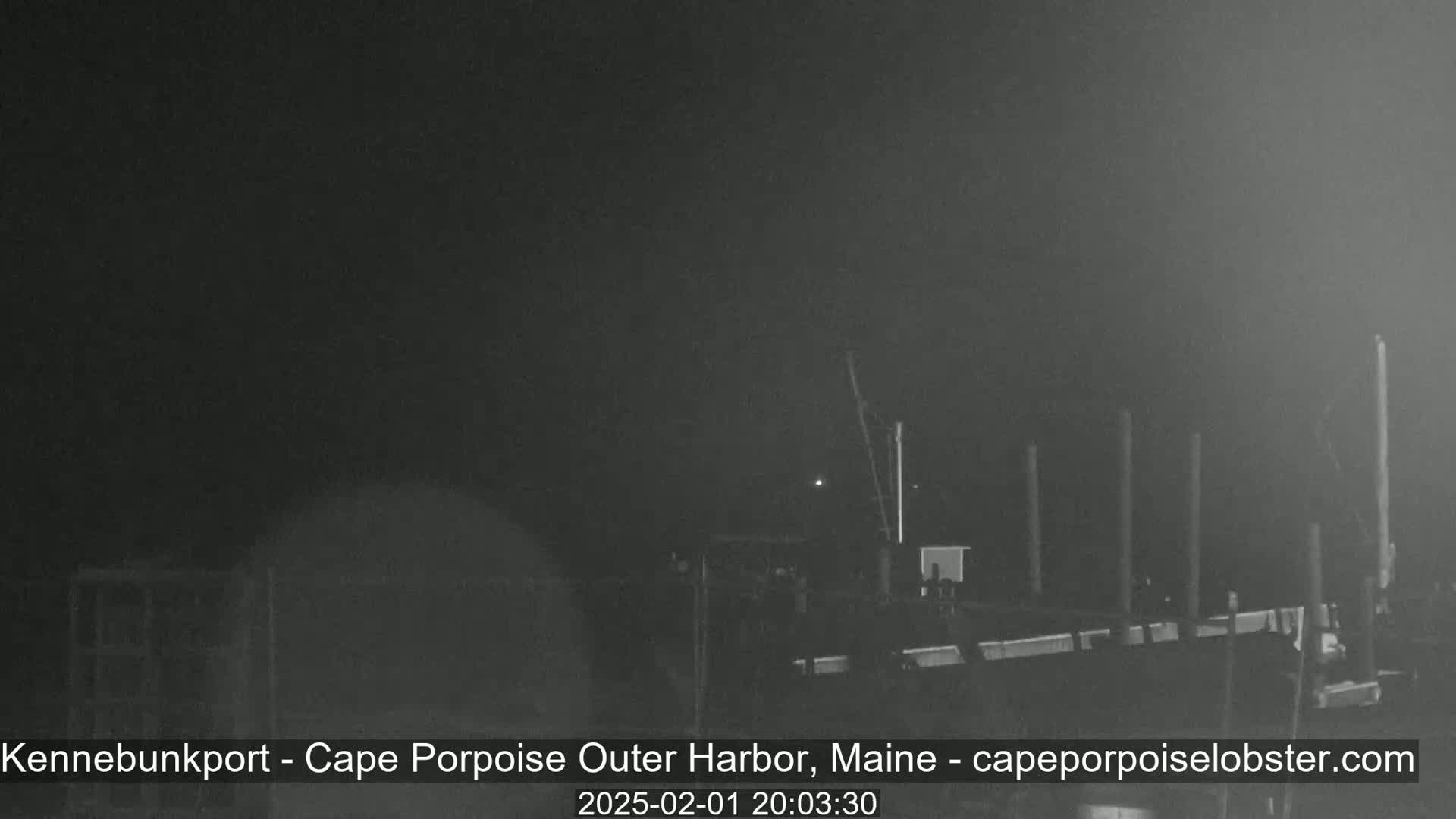 A nighttime, foggy view of a dark harbor with several pilings and a dock.