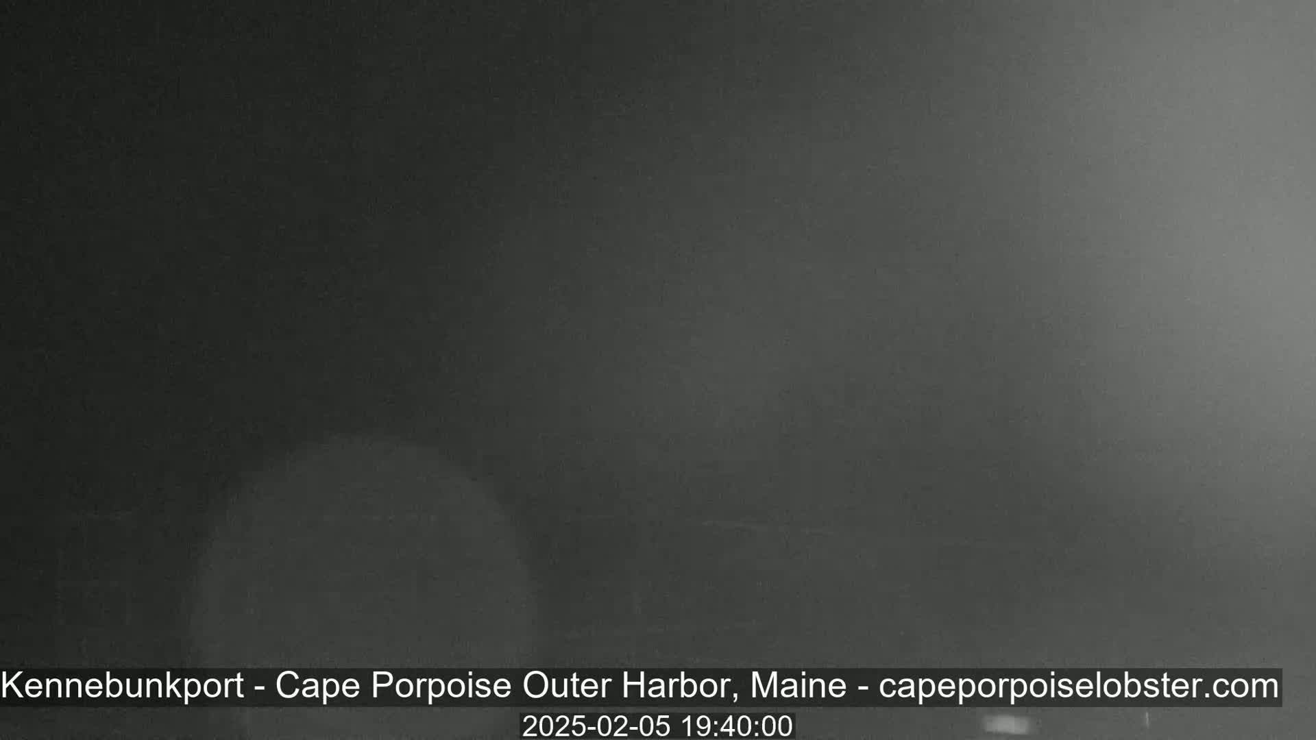 A dark, blurry nighttime image shows a mostly featureless scene, possibly of a harbor, under foggy or hazy conditions.